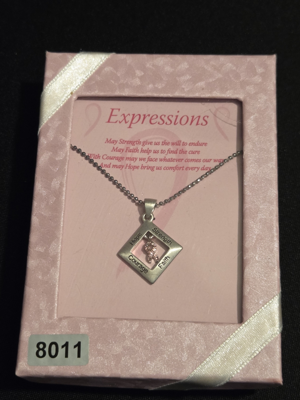 Expressions 16" Silver Square Pendant Necklace with Pink Ribbon Accent